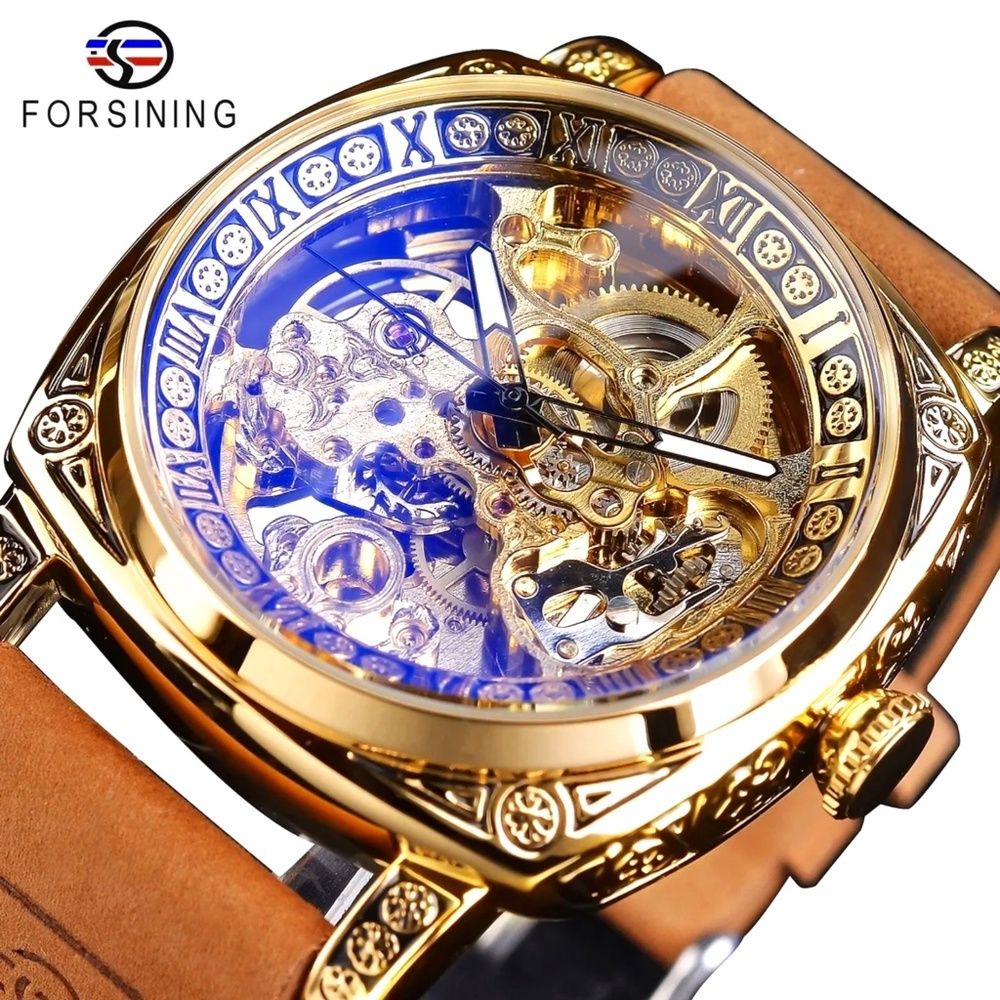 Forsining Men’s Automatic Square Retro Carved Skeleton Luxury Waterproof Watch
